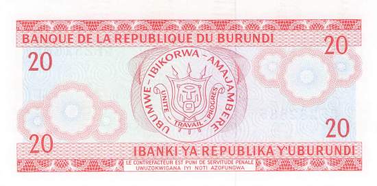 Burundi p27c 20 Francs 1991